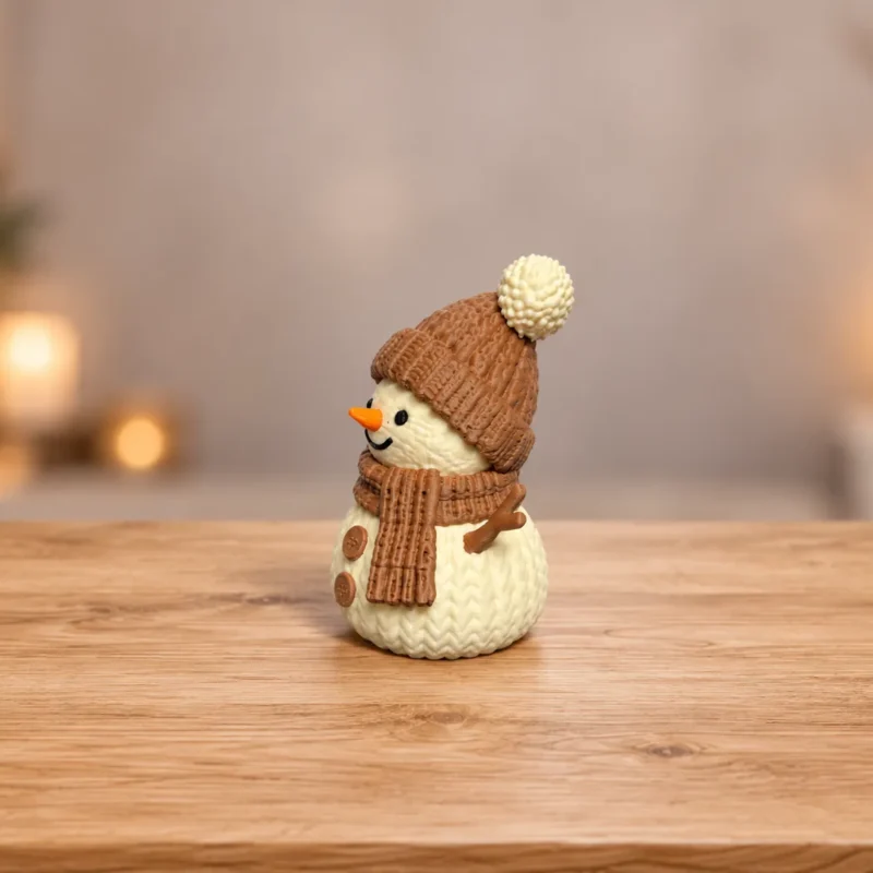 Muñeco de nieve con gorro y bufanda de punto visto de tres cuartos, mostrando la textura trenzada del cuerpo