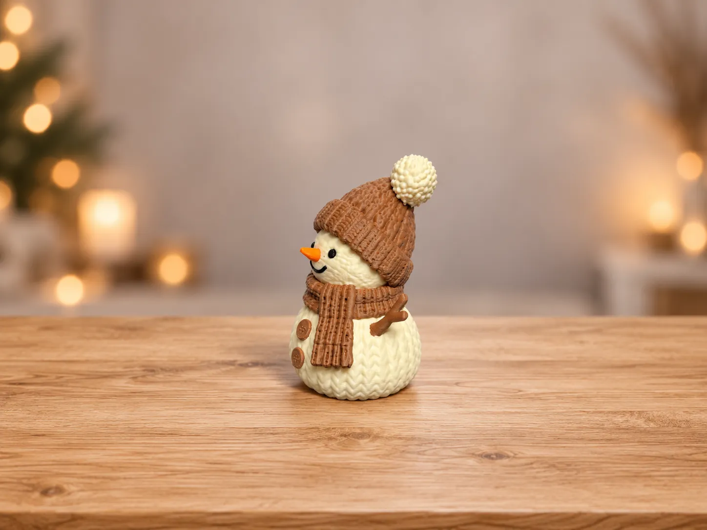 Muñeco de nieve con gorro y bufanda de punto visto de tres cuartos, mostrando la textura trenzada del cuerpo