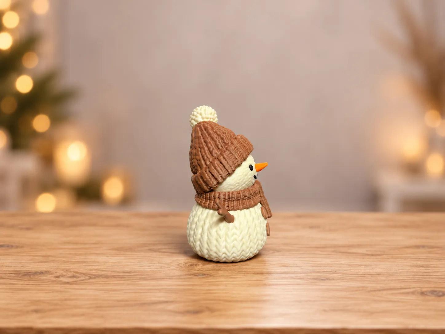 Perfil del muñeco de nieve impreso en 3D con gorro de pompón, bufanda y nariz naranja