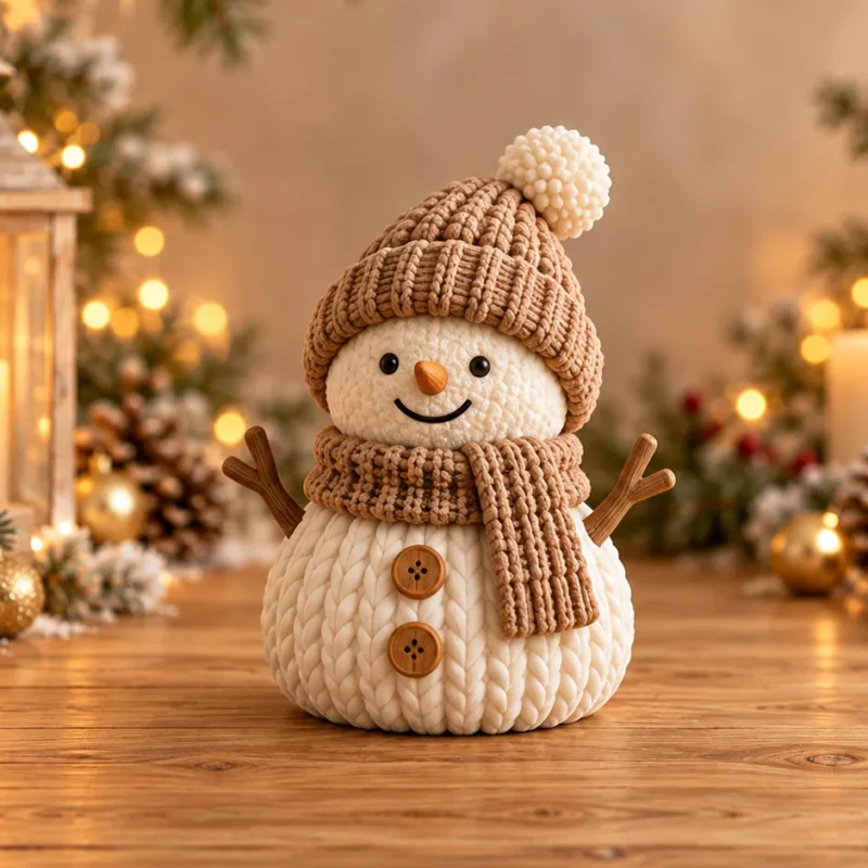 Muñeco de nieve de punto en crema y madera en un ambiente navideño con velas, piñas y luces