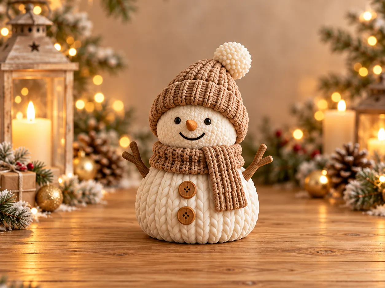 Muñeco de nieve de punto en crema y madera en un ambiente navideño con velas, piñas y luces