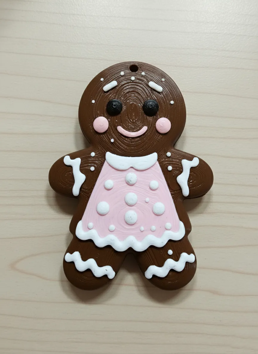 Adorno de galleta de jengibre marrón chocolate con vestido rosa y glaseado blanco