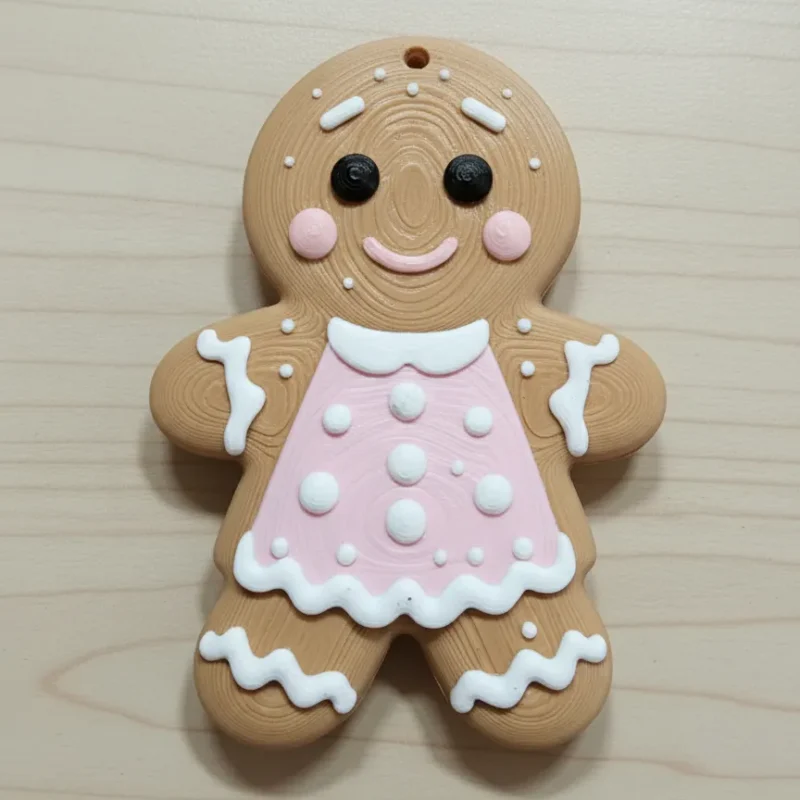 Adorno de galleta de jengibre en tono galleta claro con vestido rosa y glaseado blanco