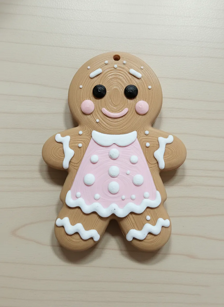 Adorno de galleta de jengibre en tono galleta claro con vestido rosa y glaseado blanco