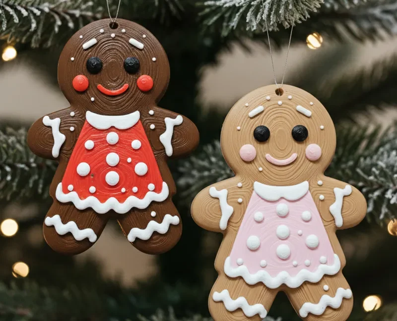 Dos adornos de galleta de jengibre colgados en un árbol de Navidad con luces