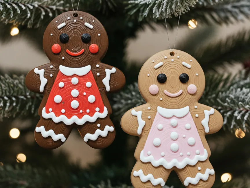Dos adornos de galleta de jengibre colgados en un árbol de Navidad con luces